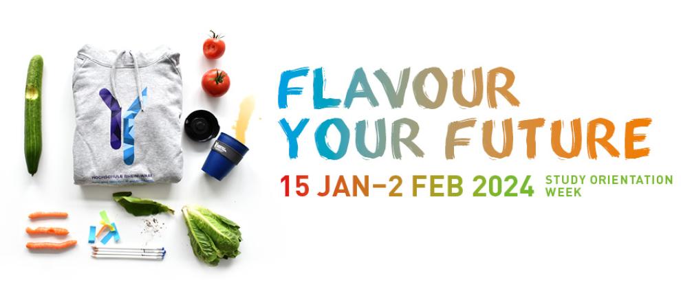 banner for an event, with a layout designed to attract attention for what seems like a study orientation week titled "FLAVOUR YOUR FUTURE." The dates "15 JAN–2 FEB 2024" suggest it's an upcoming event.