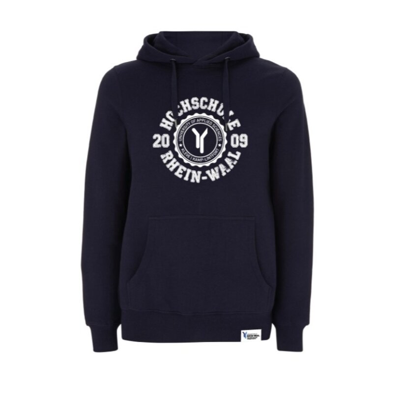 dunkelblauer Hoddie mit Hochschullogo