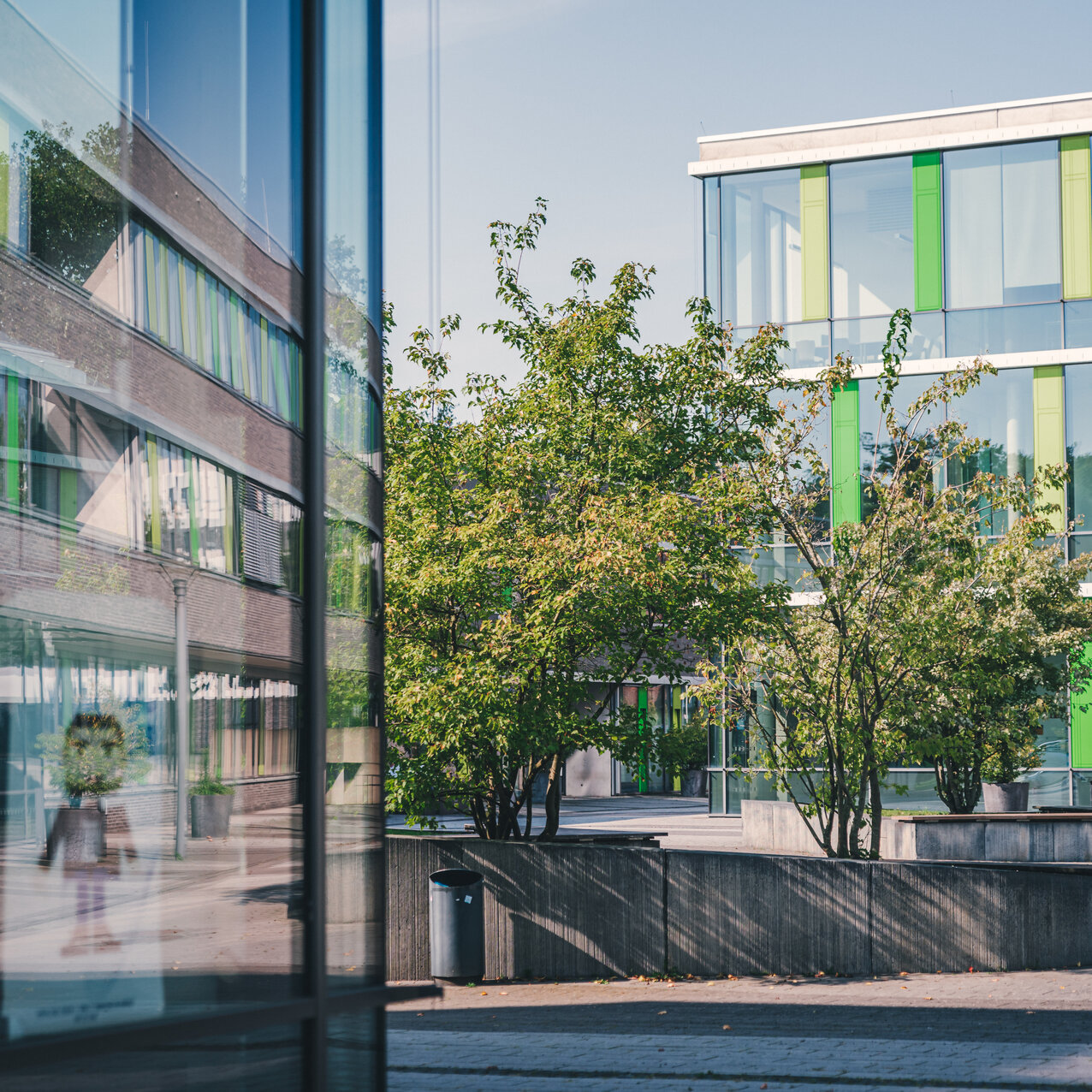 Gebäudeteile des Campus Kamp-Lintfort mit Blick auf die grünen Bäume im Innenhof.