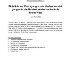 Dokument Richtlinie zur Eintragung studentischer Vereinigungen in die Matrikel an der Hochschule Rhein-Waal