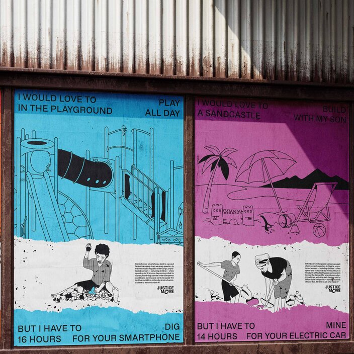4 Poster des Gewinners in Orange, Blau, Pink und Grün. Unten sind Skizzen von Personen und oben Skizzen ihrer Wünsche.