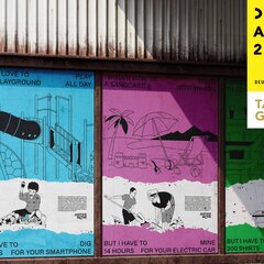 4 Poster des Gewinners in Orange, Blau, Pink und Grün. Unten sind Skizzen von Personen und oben Skizzen ihrer Wünsche.
