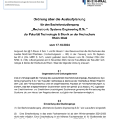 Ordnung über die Auslaufplanung für den Bachelorstudiengang Mechatronic Systems Engineering B.Sc.