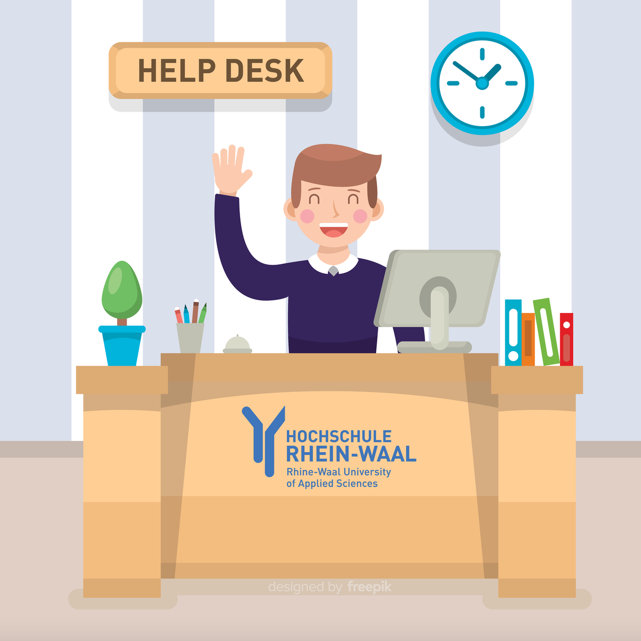 Ein Mann sitzt hinter einem Schreibtisch und winkt. Hinter ihm steht auf einem Schild Help Desk.