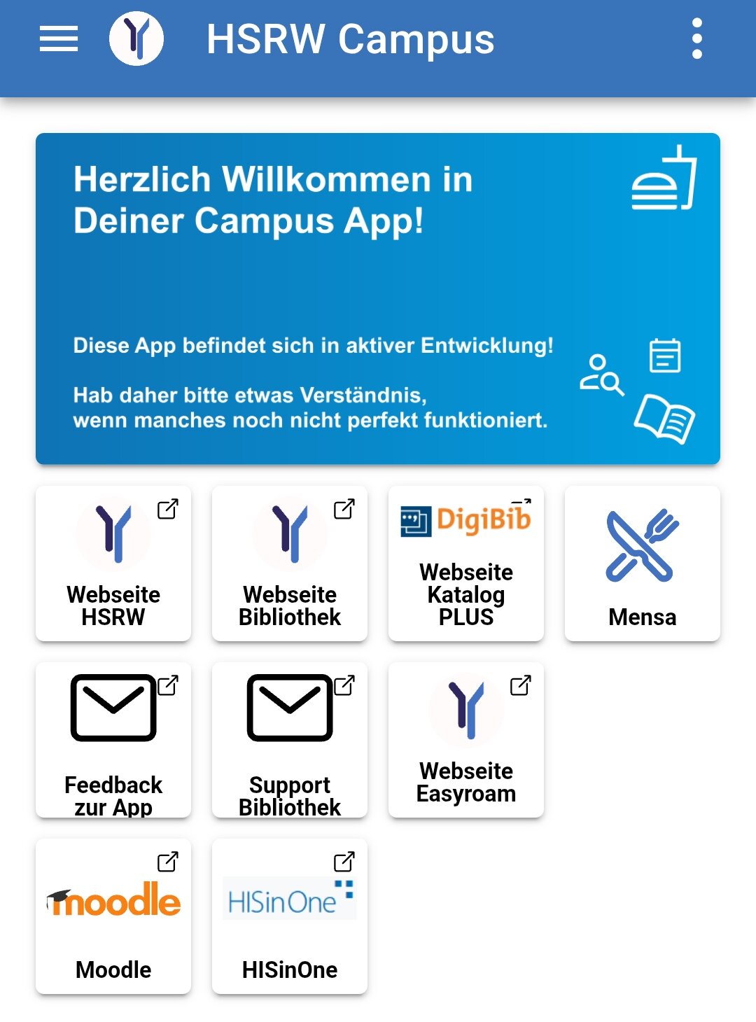 Startseite der HSRW Campus-App mit Buttons für die verschiedenen Anwendungen.