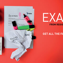 Plakat mit Utensilien für die Examvorbereitung sowie Hinweis auf die Veranstaltung "Exams-from Registration to Results"