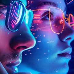 Two digitally rendered figures wearing futuristic glasses against a background of glowing data and graphic elements.