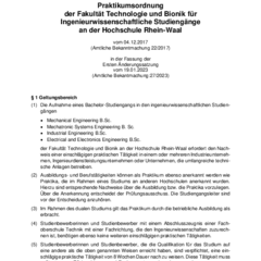Praktikumsordnung der Fakultät Technologie und Bionik für Ingenieurwissenschaftliche Studiengänge