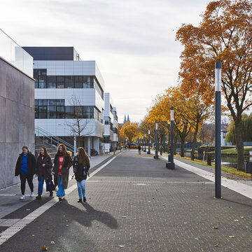 Campus Kleve mit modernen Hochschulgebäuden und Bäumen im Herbst.