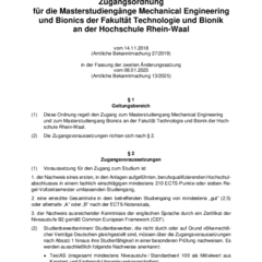 Admission Regulations for the Master’s degree programmes in Mechanical Engineering and Bionics 