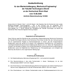 Auslaufordnung für den Masterstudiengang Mechanical Engineering