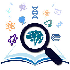 A magnifying glass over an open book enlarges a brain symbol from a series of other symbols.