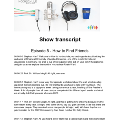 Das Logobild zum Podcast zeigt von links nach rechts verschiedenfarbige Lautsprecherkabel, ein Mikrofon, einen Lautsprecher und einen Coffee to go Becher mit Hochschullogo.