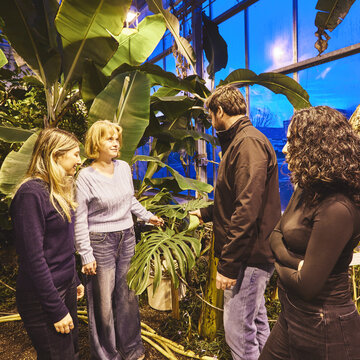 Gruppe im Gewächshaus - Forschung trifft Natur Eine Gruppe von vier Personen steht in einem Gewächshaus zwischen großen, tropischen Pflanzen wie Bananenstauden. Ein Mann untersucht dabei konzentriert das Blatt einer großen Pflanze.
