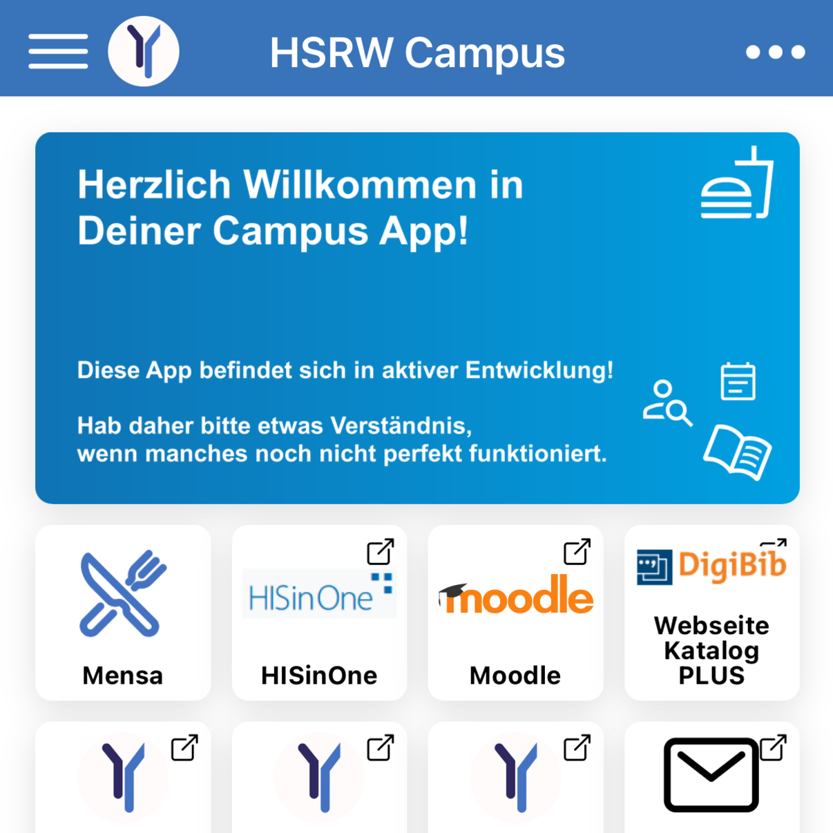 Shown here is the home screen of the HSRW Campus app, featuring the buttons and a welcome message.