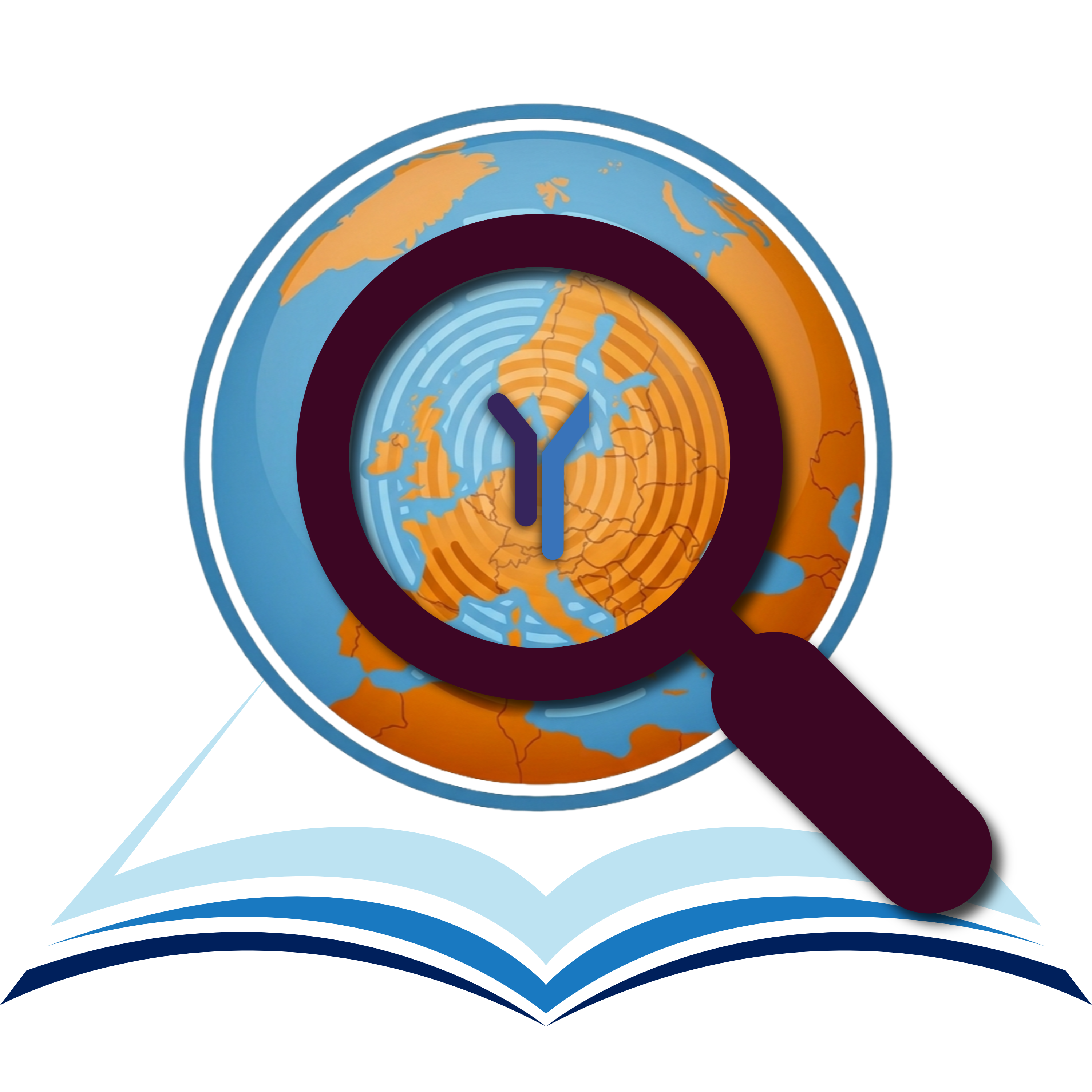 Eine Lupe über einem aufgeklappten Buch vergrößert das Logo der Hochschule Rhein-Waal auf einer Weltkugel 