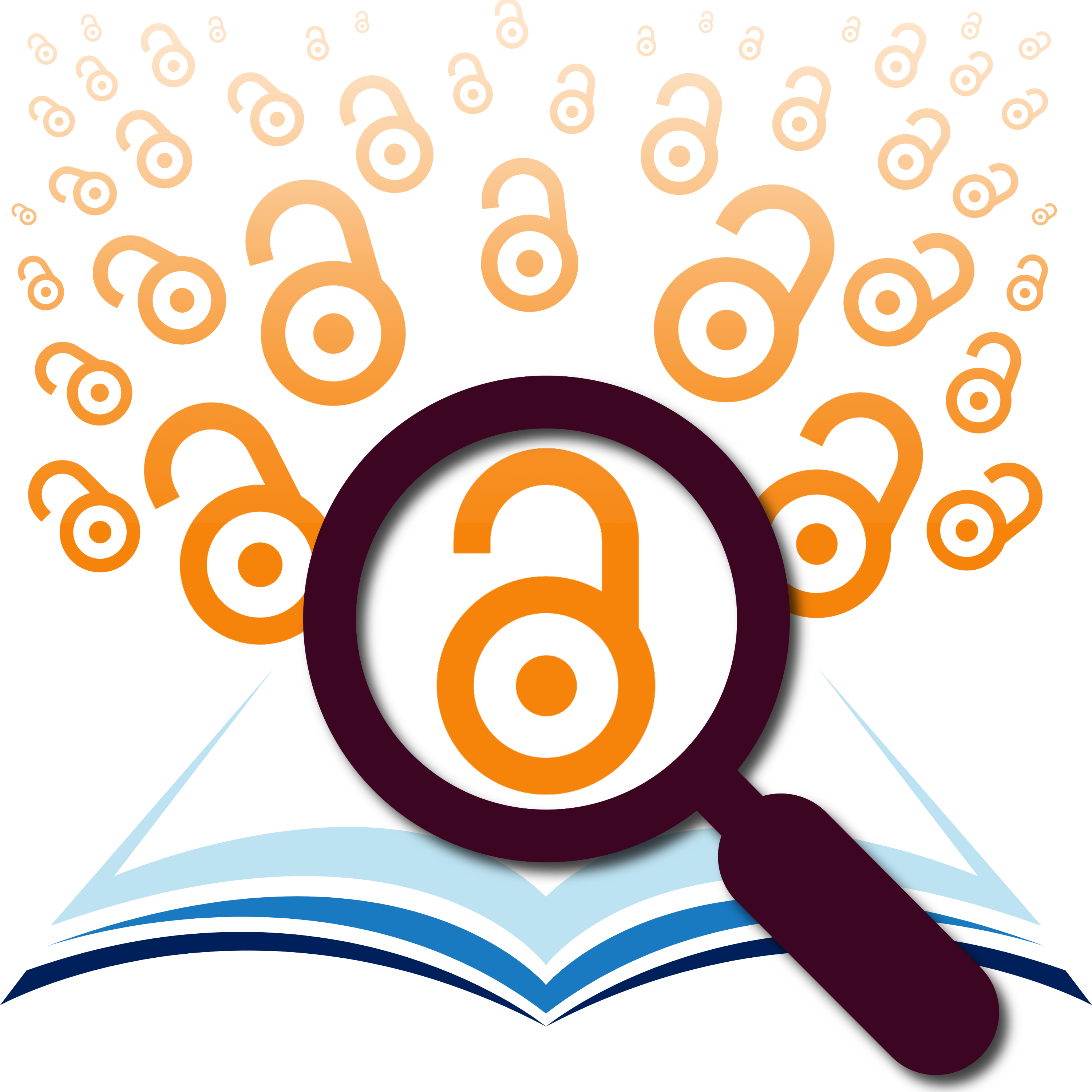 Eine Lupe über einem aufgeklappten Buch vergrößert ein Schloss-Symbol aus einer Menge von Schloss-Symbolen.