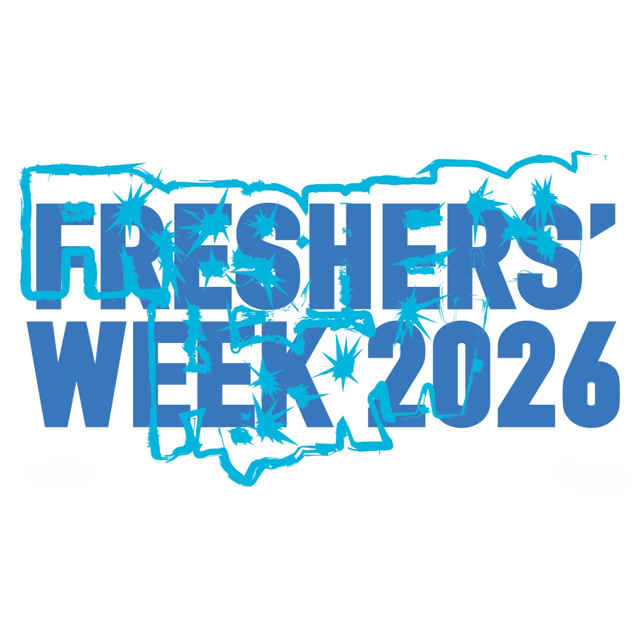 The image shows the words ‘Freshers’ Week 2026’ in blue capital letters. Above the letters you can see a light blue outline of the text, with faint splashes of colour.