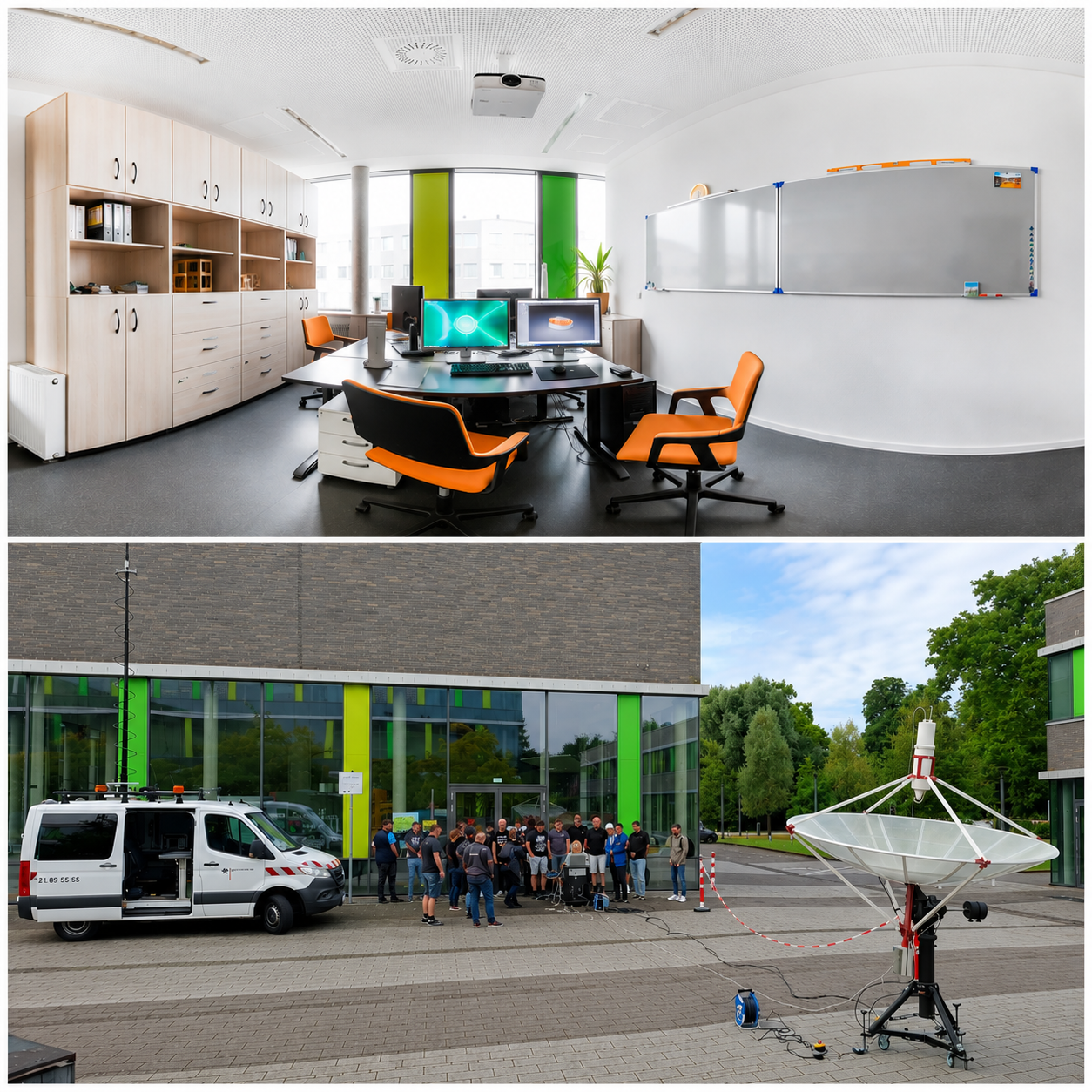 Zweigeteiltes Bild. Oben Blick ins CIV-Labor. Unten Messung von Studierenden mit dem Radioteleskpo auf dem Campus