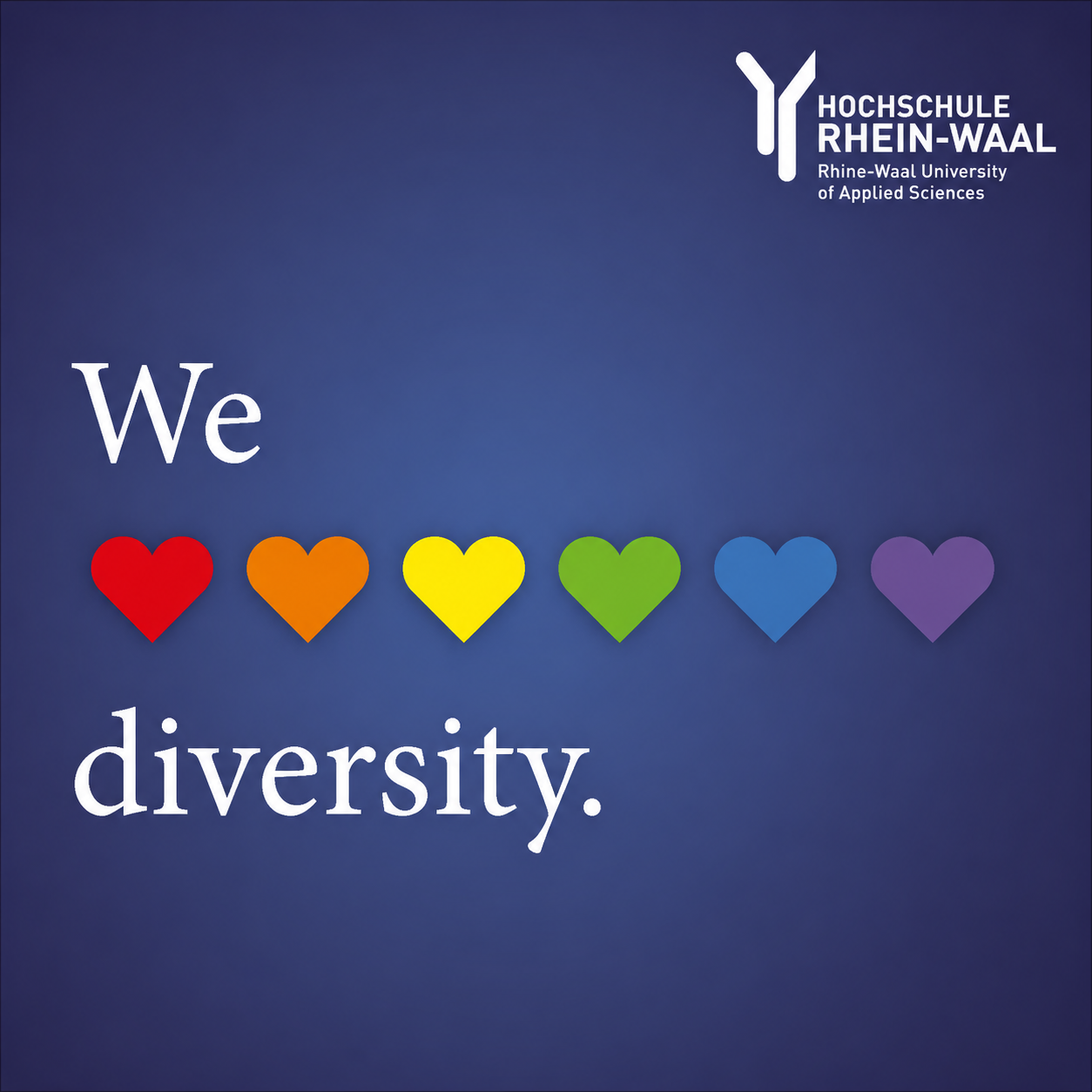 Text "we love diversity". Statt dem Wort love werden 6 Herzen in Regenbogenfarben genutzt.