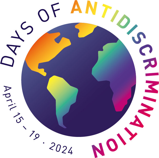 Logo der Days of Antidiscrimination. 15. bis 19. April 2024. Eine blaue Erde mit regenbogenfarbenen Kontinenten. 