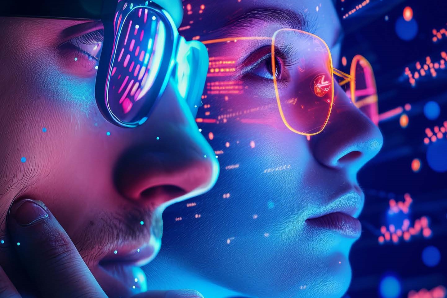 Von der Seite sind zwei Personen mit Brillen zu sehen: eine mit einer Sonnenbrille und eine mit einer orange-transparenten Brille. Sie blicken konzentriert nach rechts. Im Hintergrund sowie auf ihren Wangen sind Lichtreflexe zu erkennen.