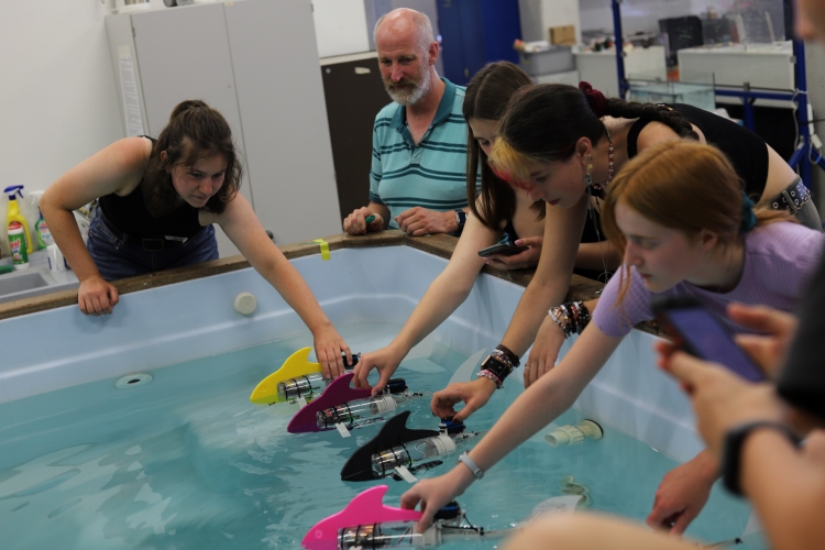 Schülerinnen lehnen über den Rand eines Wasserbeckens. An ausgestreckten Armen halten sie ihre selbstgebauten, bunten Roboterfische ins Wasser und warten auf den Startschuss für das Wettschwimmen.