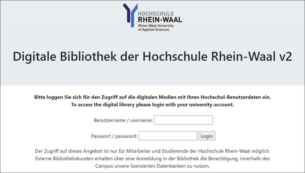 Eingabemaske Externer Zugang Eingabemaske für den externen Zugang zu elektronischen Ressourcen der Bibliothek
