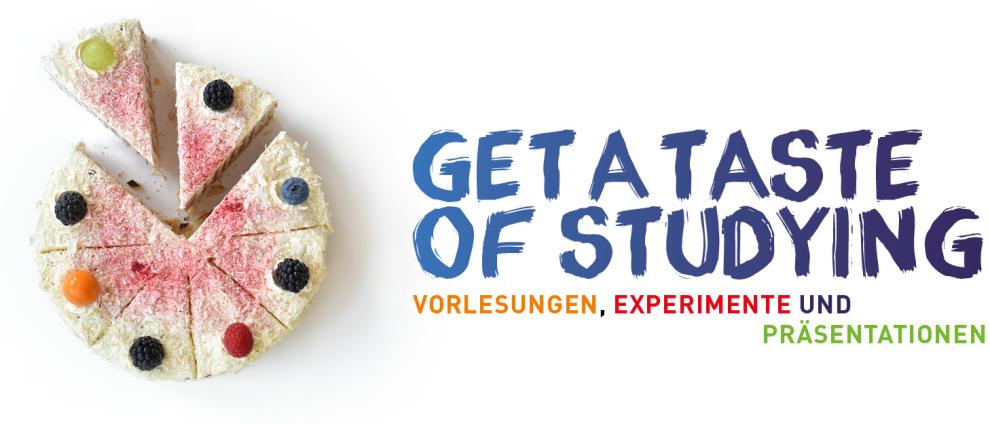 Get a Taste of Studying Aufsicht auf eine weiße Torte mit rosa Streuseln, die in acht Stücke geteilt ist. Auf jedem Tortenstück liegt außen eine Frucht (grüne Traube, Himbeere, Brombeere, Heidelbeere, Physalis). Sechs Kuchenstücke bilden einen Kreis, zwei weitere Kuchenstücke liegen etwas weiter weg. Dadurch sieht der Kuchen wie eine Pac-Man-Figur aus, die sich über die beiden anderen Stücke hermacht.