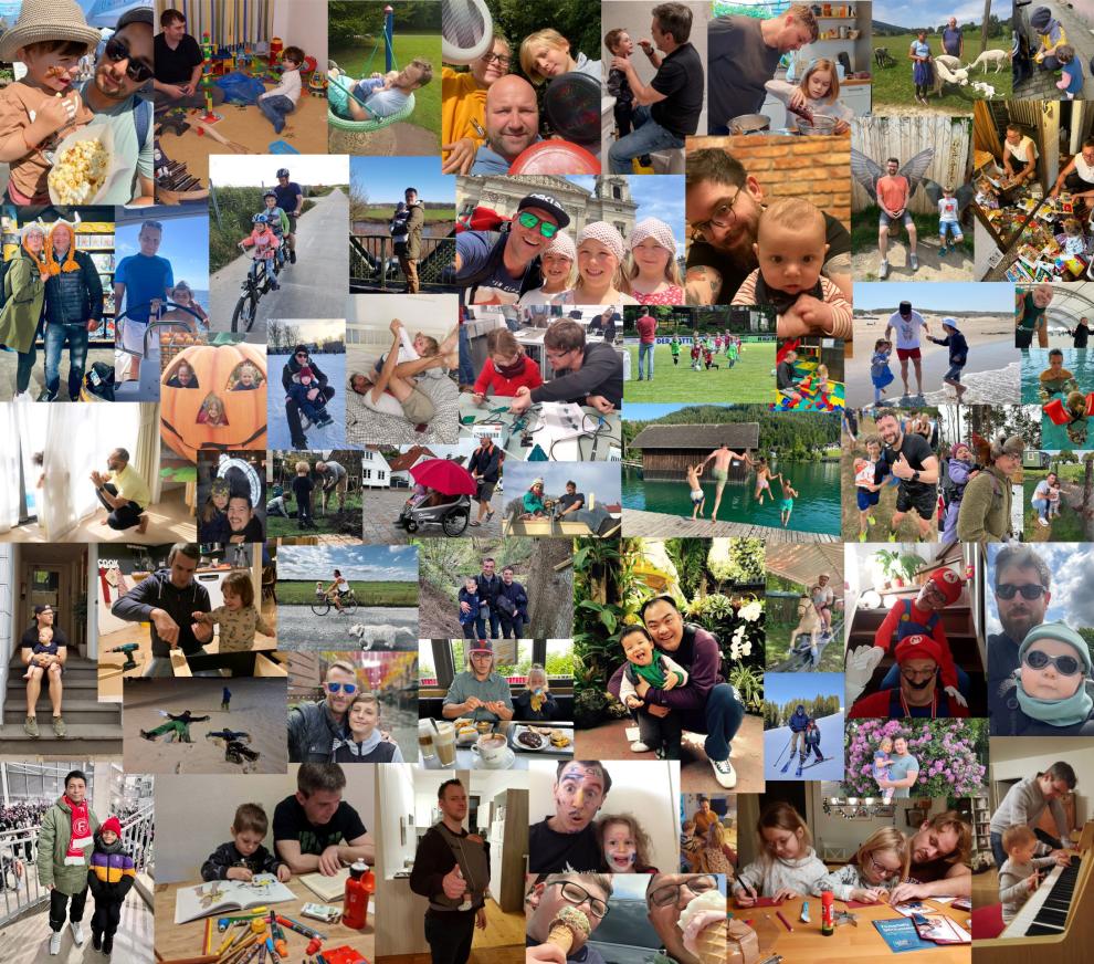 Eine Collage aus vielen Fotos, darauf zu sehen sind Väter und Kinder bei den verschiedensten Freizeitaktivitäten.