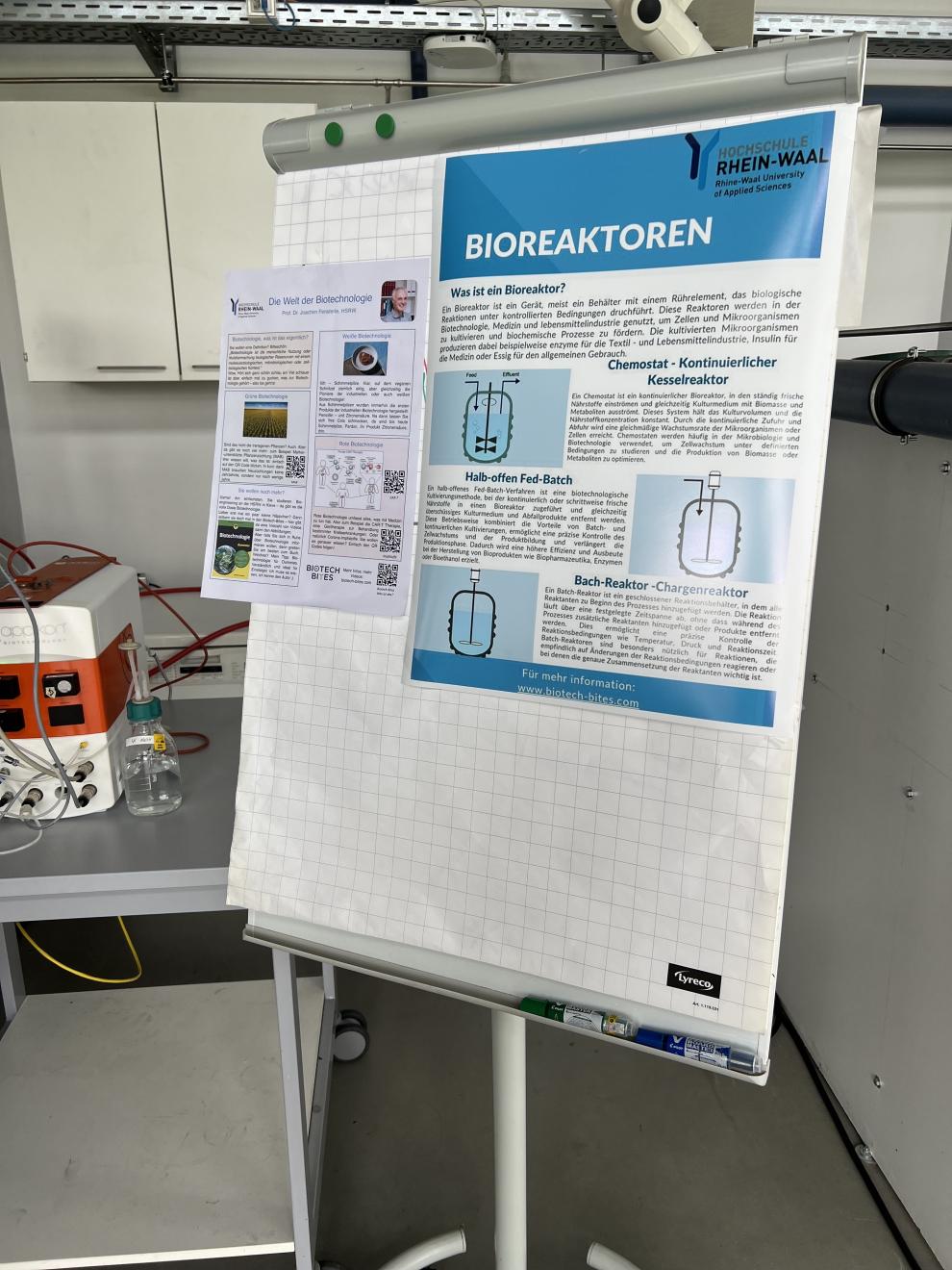 Ein Poster über Bioreaktoren ist auf einem Whiteboard befestigt. Das Poster erklärt verschiedene Arten von Bioreaktoren und ihre Funktionsweise. Im Hintergrund ist Laborzubehör zu sehen.