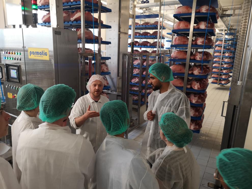 Eine Gruppe von Studierenden in Schutzkleidung steht in einer Produktionsstätte, wo sie von einem Mitarbeiter etwas erklärt bekommen. Beim Besuch der Parmaschinken-Herstellung bei Zuneria Parma Ham Company in Langhirano konnten die Studierenden die traditionellen Methoden der Schinkenherstellung kennenlernten.