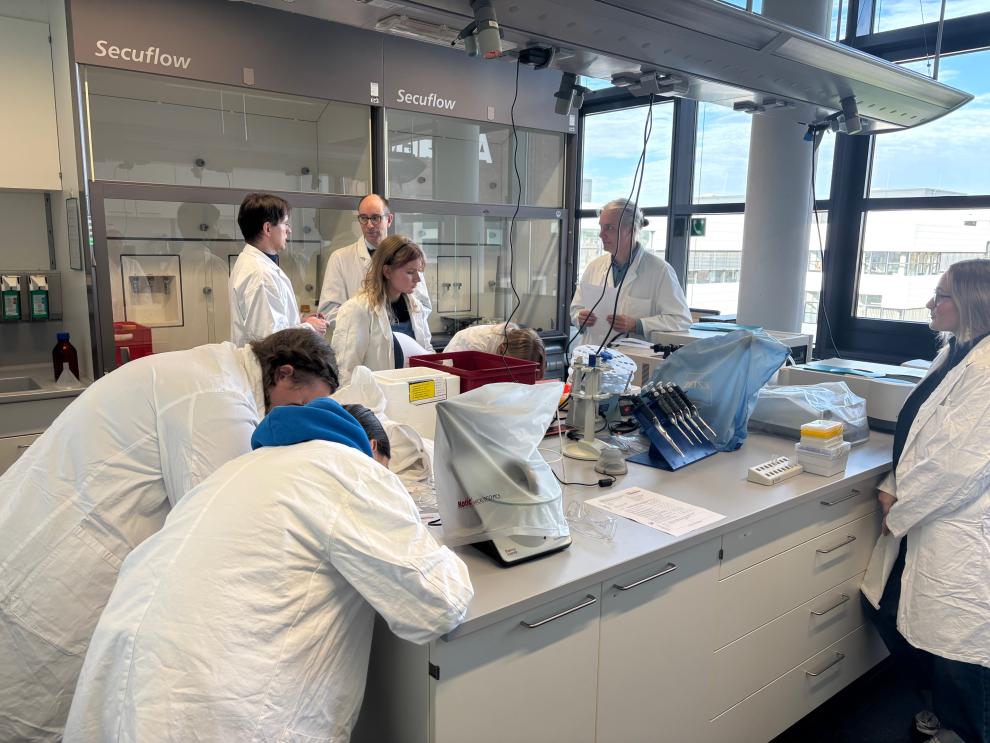 Eine belebte Szene in einem Labor der Fakultät Life Sciences. Mehrere Schülerinnen, Schüler und Lehrende in weißen Laborkitteln  drängen sich um einen zentralen Labortisch, auf dem Laborgeräte stehen. Im Hintergrund sind "Secuflow"-Abzugshauben zu sehen.