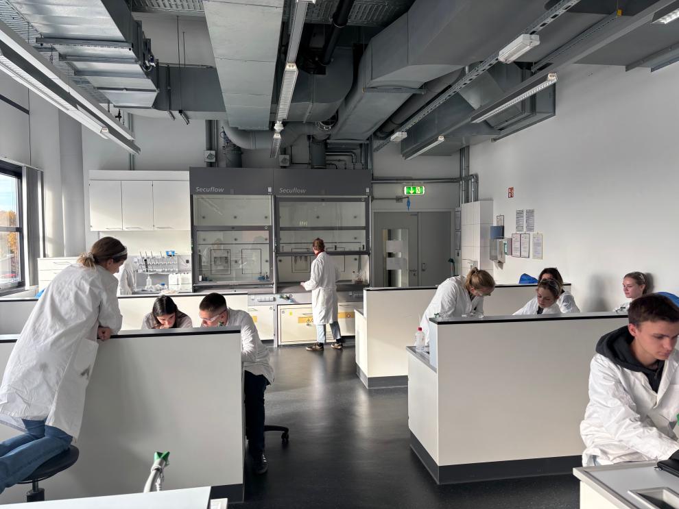 Eine Weitwinkelaufnahme eines modernen Hochschullabors. Mehrere Gruppen von Schülerinnen und Schülern in Laborkitteln arbeiten an verschiedenen, voneinander abgetrennten Labortischen und unter großen "Secuflow"-Abzugshauben.