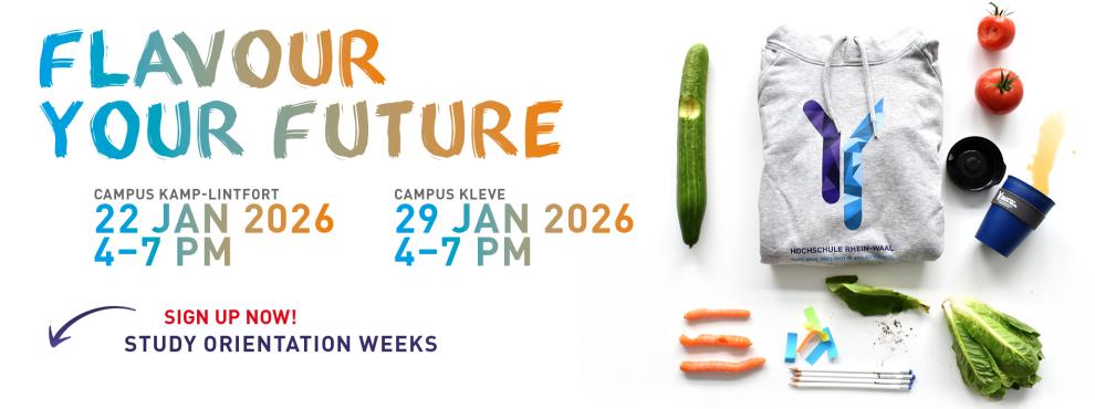 The words 'Flyour Your Future' are written in colourful letters next to a photo. The photo shows a grey hoodie folded into a square with the blue river logo of HSRW. Surrounding the jumper are a cucumber, a carrot, white pencils, colourful notes, lettuce, an upturned dark blue HSRW reusable coffee cup, coffee droplets and tomatoes.