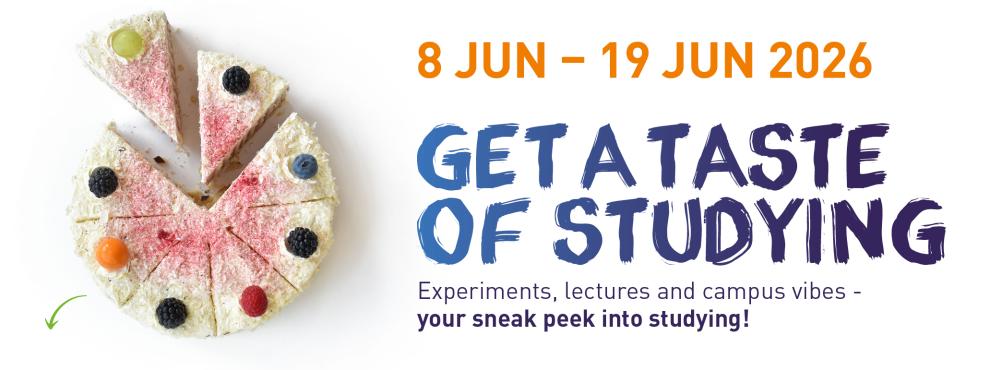 Veranstaltungsbanner Get a Taste of Studying, Kuchen mit zwei herausgelösten Stücken